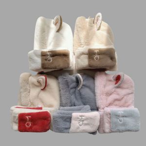 Fashion Pink Gray Blended Embroidered Fox Contrasting Gloves And Scarf All-in-one Hoodie