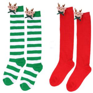 Fashion 18# Green And White Stripes/bow Tie Deer Polyester Three-dimensional Christmas Striped Knitted Over-the-knee Socks