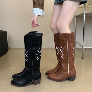 Fashion Brown Pu Embroidered Pointed Toe Boots