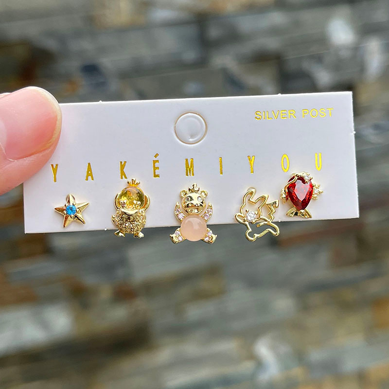 Fashion Color Copper Inlaid Zircon Card Bear Five-pointed Star Earring Set Of 5 Pieces