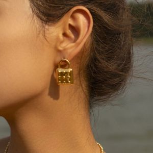 Fashion Gold Titanium Steel Lock Earrings