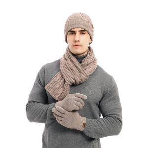 Fashion Khaki Wool Knitted Cable Beanie Scarf Set Five Finger Glove Set