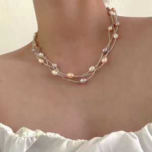 Fashion Silver Multi-layered Rice Bead Stitching Pearl Necklace