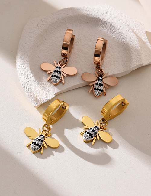 Fashion Gold Titanium Steel Inlaid Zirconium Bee Hoop Earrings