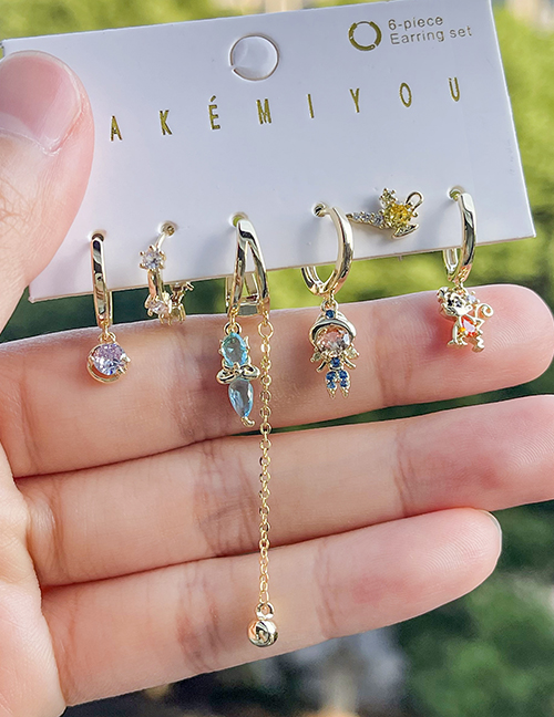 Fashion Color Copper Inlaid Zircon Cartoon Character Pendant Tassel Chain Earrings Set Of 6
