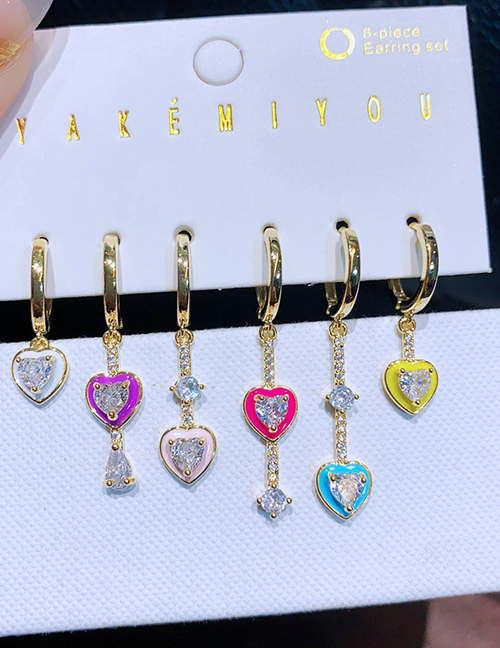 Fashion Gold Brass Zirconia Oil Drip Heart Earring Set