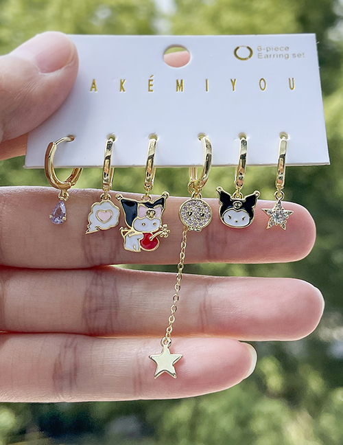 Fashion Gold Copper Inlaid Zircon Dripping Oil Cartoon Five-pointed Star Pendant Chain Earrings Set Of 6