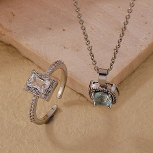 Fashion White Gold And White Diamonds Copper Inlaid Zirconium Square Necklace And Ring Set