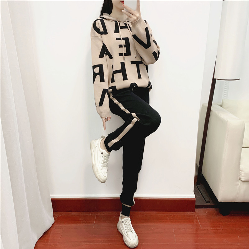 Fashion Green Blended Knitted Hooded Sweatshirt And Leggings Trousers Set