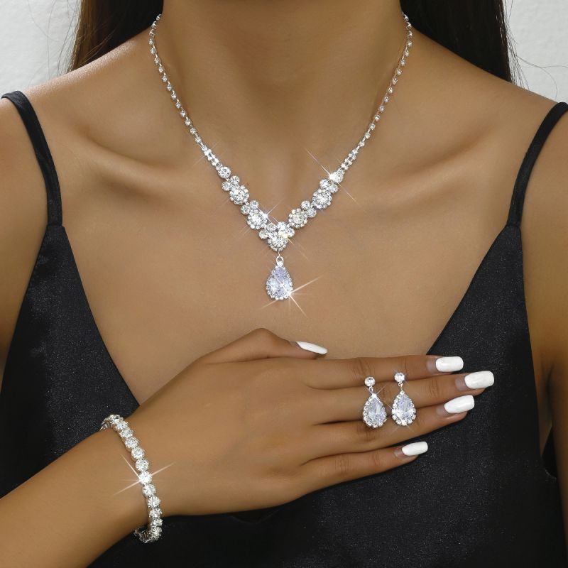 Fashion 4# Geometric Diamond Drop-shaped Necklace Earrings And Bracelet Set