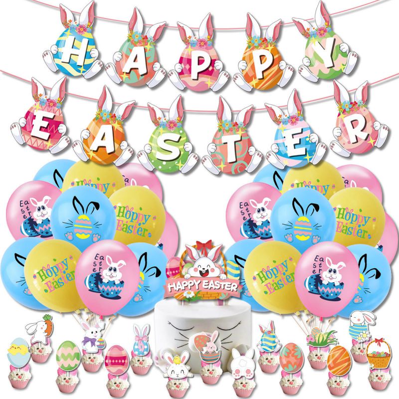 Fashion Set:20 Balloons (7 Pink 7 Blue 6 Yellow) + Flags + 16 Cake Cards + 2 Flat Pink Ribbons 2 Rabbit Easter Egg Flag Latex Balloon Cake Insert Set