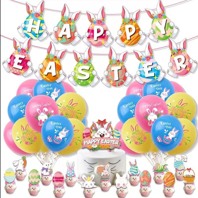 Fashion Set:pull Flag + 18 Balloons (6 Pink 6 Blue 6 Yellow) + 16 Cake Forks + 2 Flat Pink Ribbons Rabbit Easter Egg Flag Latex Balloon Cake Insert Set