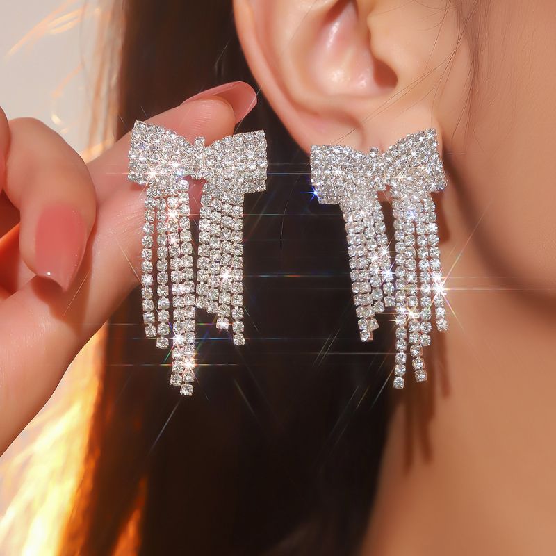 Fashion Silver Geometric Diamond Bow Earrings