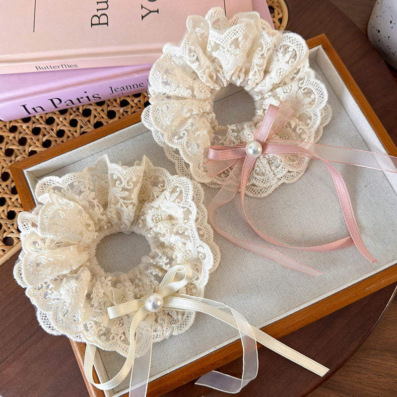 Fashion Beige Bow Double Layer Lace Pleated Hair Tie 