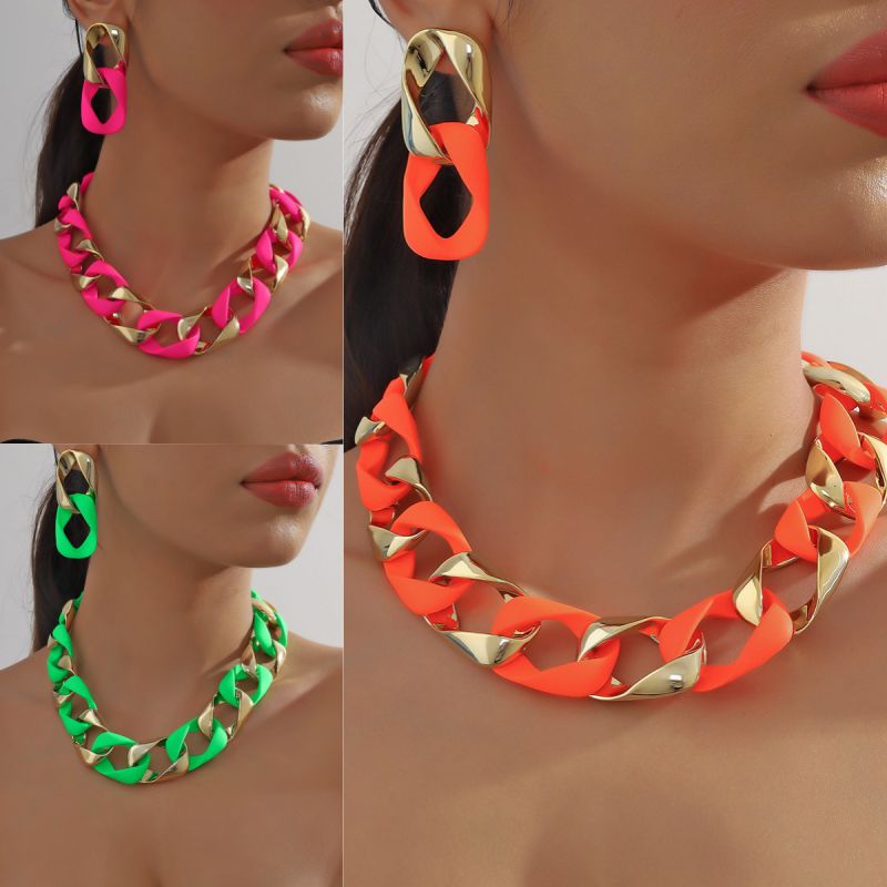 Fashion Type 1 Orange Red 41g Resin Spliced Chain Necklace And Earrings Set 