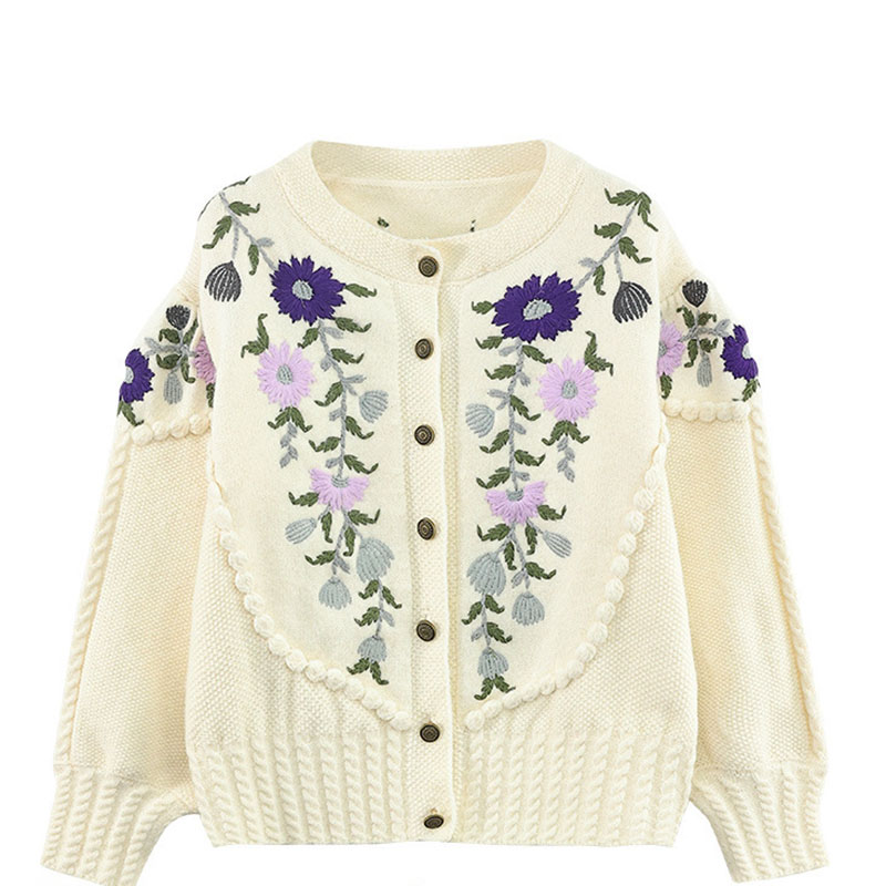 Fashion Off White Embroidered Buttoned Sweater Cardigan 