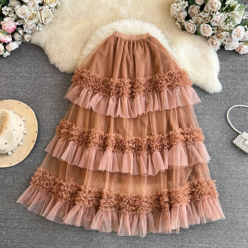 Fashion Brown Chenille Lace Layered Skirt 