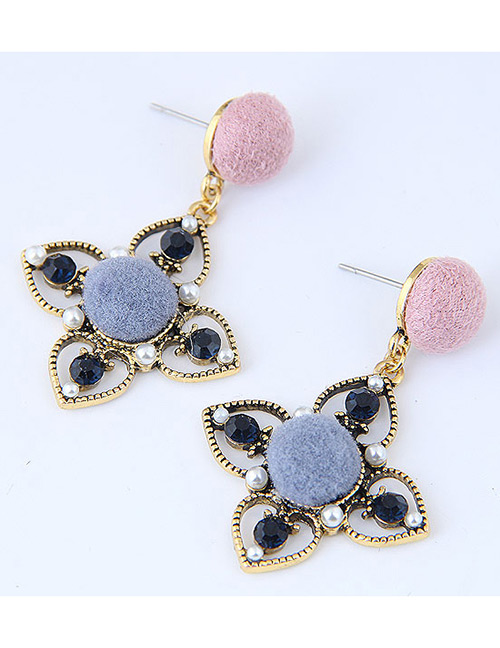 Sweet Pink+gray Clover Shape Decorated Pom Earrings