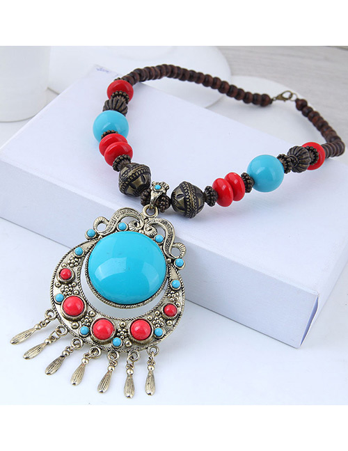 Fashion Blue Round Shape Decorated Tassel Necklace