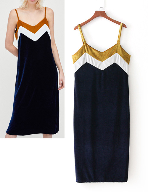 Fashion Navy Color-matching Decorated Dress
