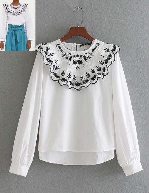 Fashion White Embroidery Flower Shape Decorated Blouse