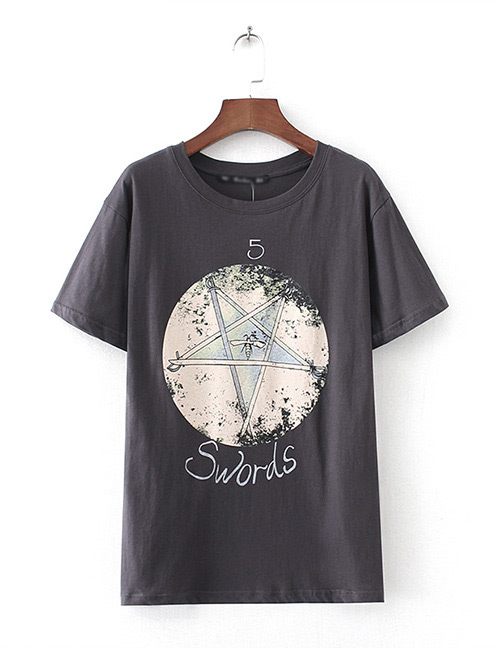 Fashion Gray Star Shape Decorated T-shirt