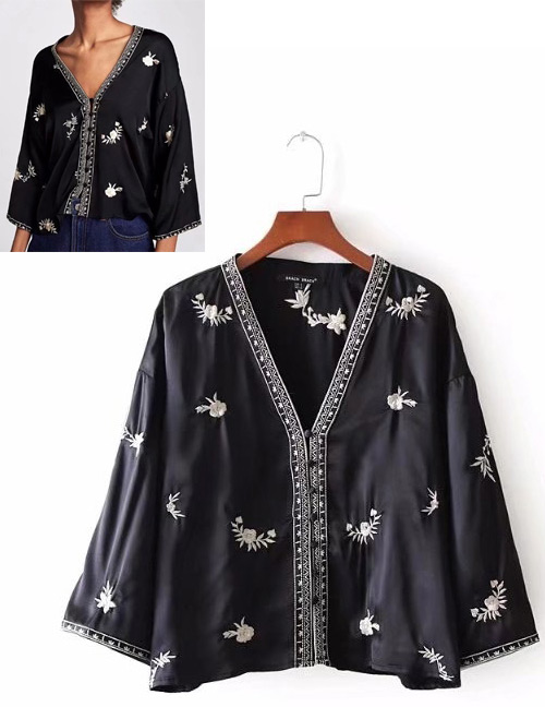 Fashion Black Flower Pattern Decorated Shirt