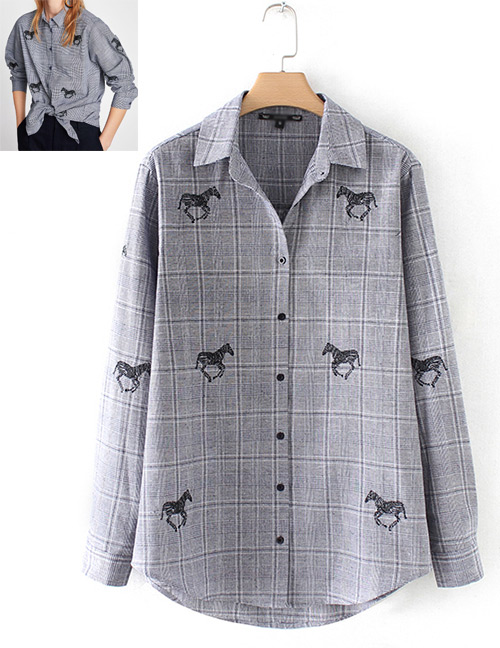 Fashion Gray Horse Pattern Decorated Shirt