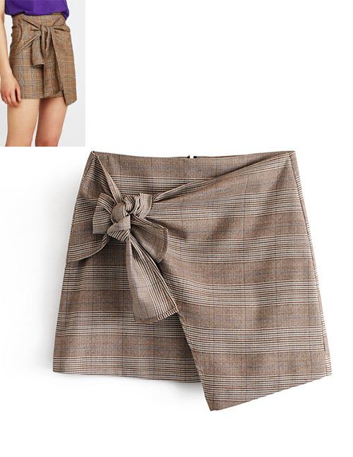 Fashion Khaki Grid Pattern Decorated Skirt