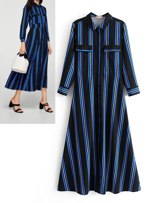 Fashion Black+blue Stripe Pattern Decorated Dress