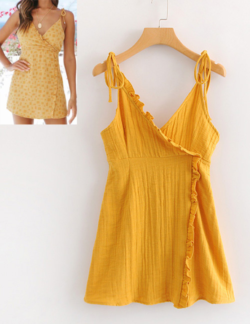 Fashion Yellow Pure Color Decorated Dress