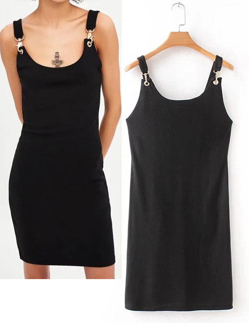 Fashion Black Pure Color Design Suspender Dress