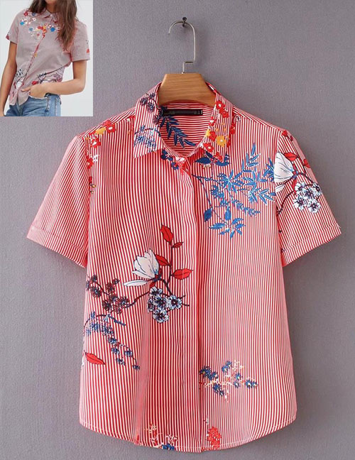 Fashion Red Flowers Pattern Decorated Short Sleeves Shirt
