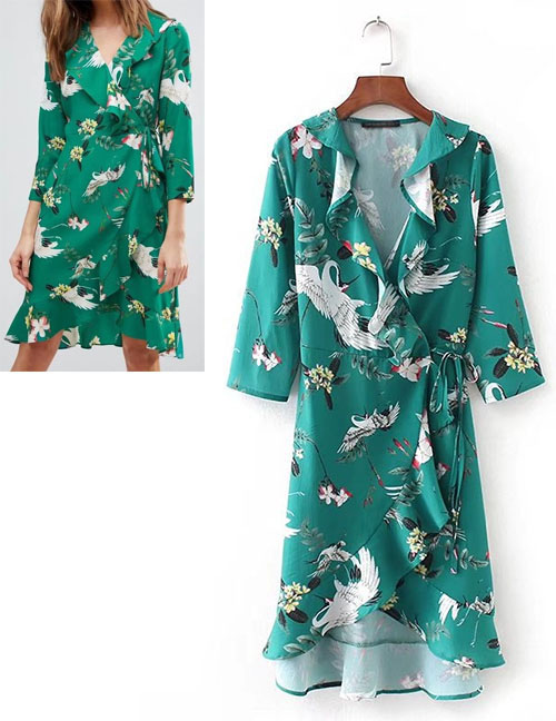 Fashion Green Crane Pattern Decorated Long Dress