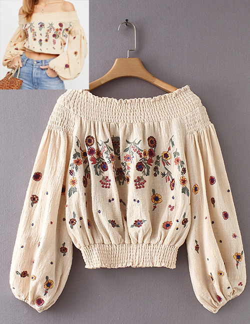 Fashion Khaki Flowers Pattern Design Off-the-shoulder Shirt