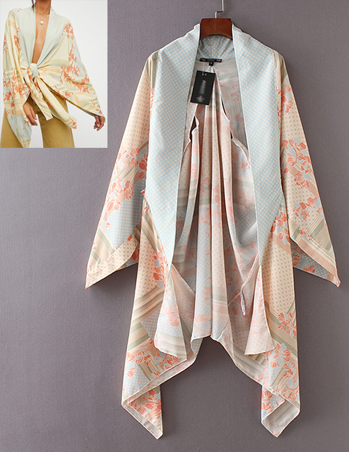Fashion Beige Flowers Pattern Decorated Loose Kimono