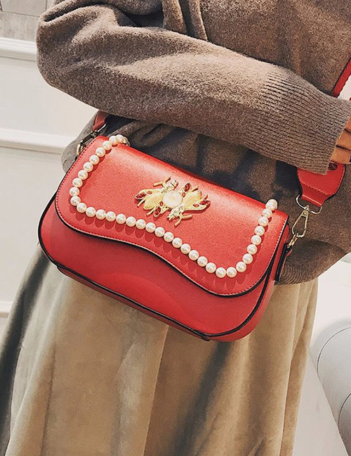 Fashion Red Pearls&diamond Decorated Square Shape Bag
