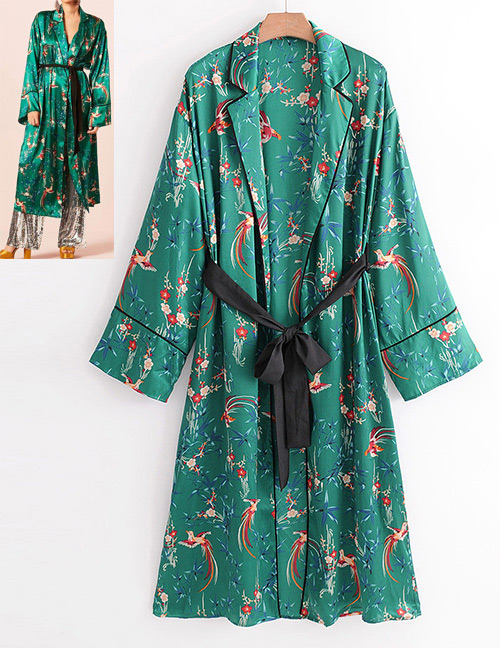Fashion Green Phoenix Pattern Decorated Long Sleeves Kimono