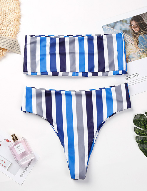 Fashion Blue Stripe Pattern Decorated Strapless Bikini
