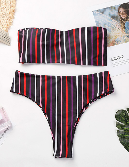 Fashion Black Stripe Pattern Decorated Strapless Bikini