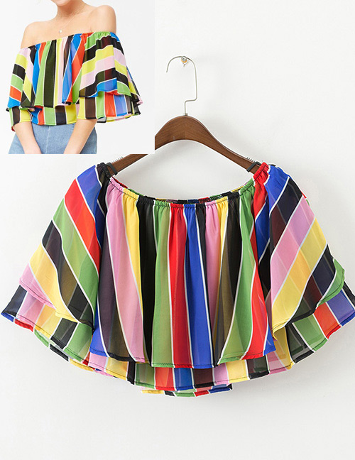 Fashion Multi-color Stripe Pattern Decorated Off Shoulder Shirt
