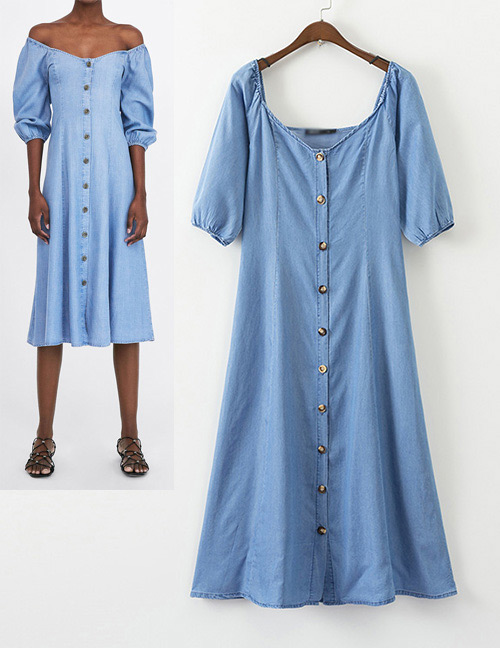 Fashion Blue Pure Color Design Short Sleeves Long Dress