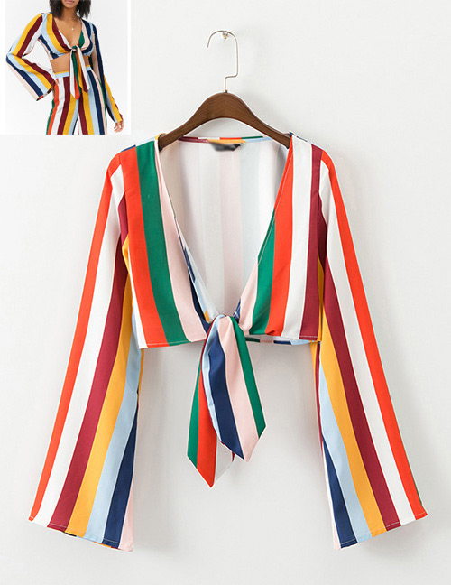 Fashion Multi-color V Neckline Design Long Sleeves Shirt