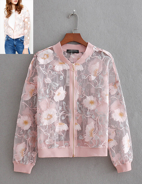 Fashion Pink Embroidery Design Long Sleeves Coat