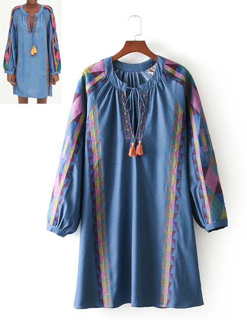 Fashion Blue Tassel Decorated Long Sleeves Dress