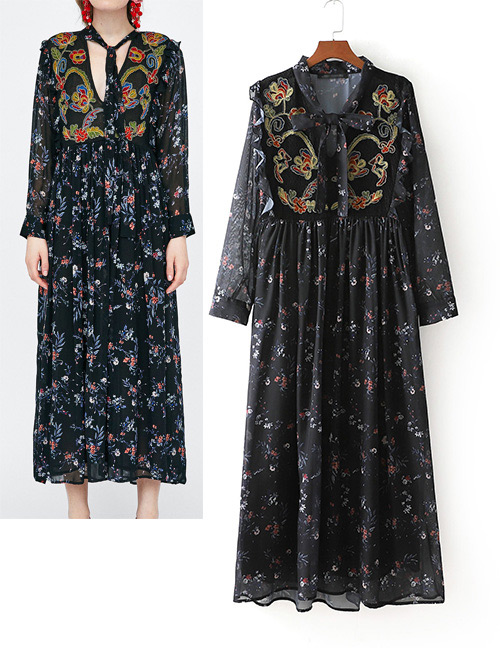 Fashion Black Embroidery Flower Decorated Long Sleeves Dress