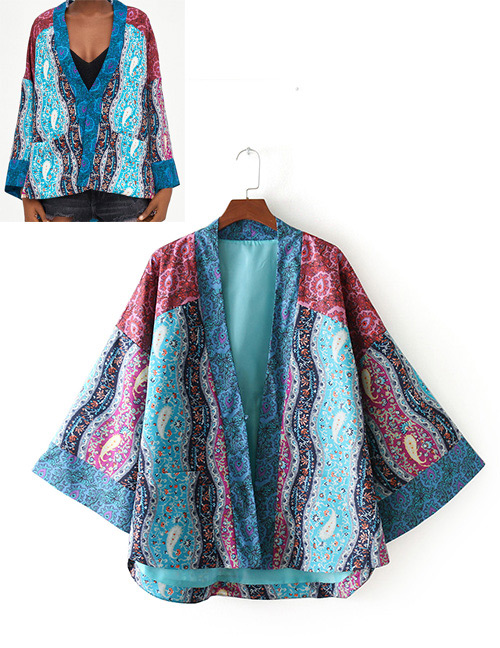 Fashion Blue Flowers Pattern Decorated Long Sleeves Coat