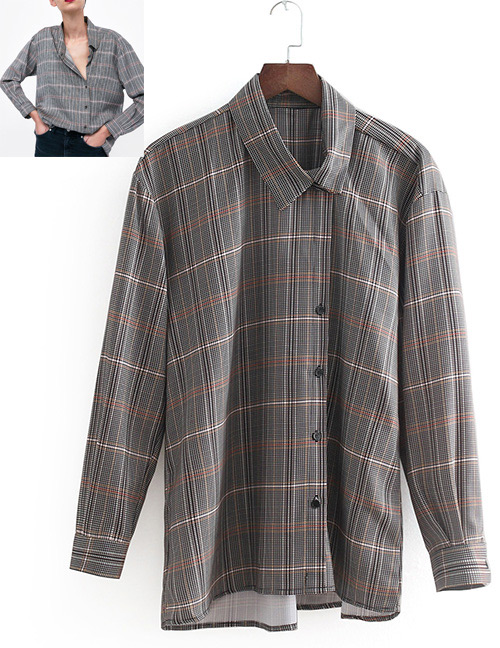 Fashion Gray Grid Pattern Decorated Long Sleeves Shirt