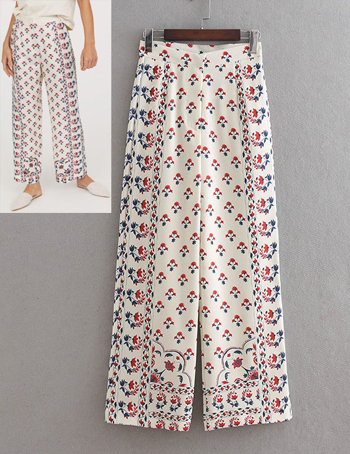 Fashion White Flowers Pattern Decorated Wide-legs Pants
