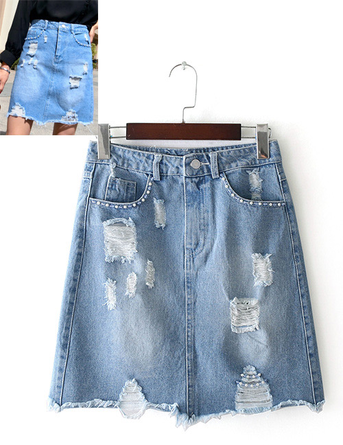 Fashion Blue Pearls Decorated Holes Design Skirt